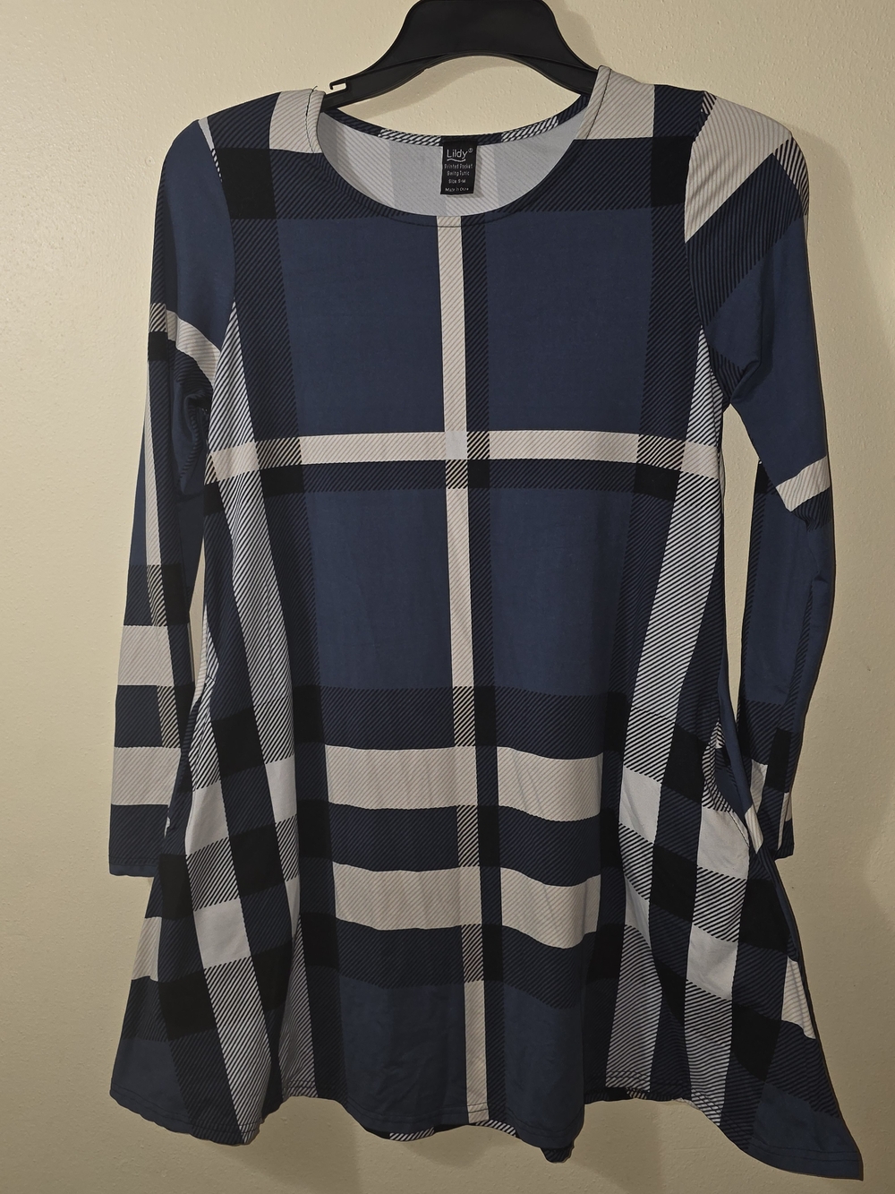 Lindy Bop Navy, White & Black Plaid Long-Sleeve Swing Dress Size S-M